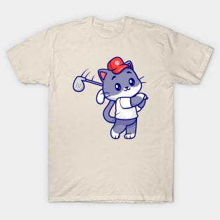 Cute Cat Playing Golf Cartoon T-Shirt